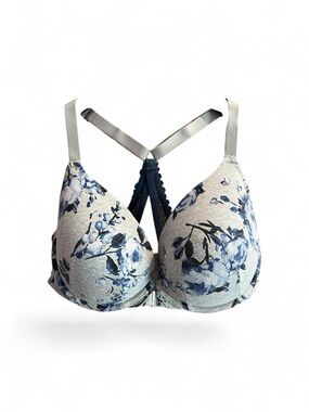Cacique Grey Bra with Blue Floral Print and Lace Racerback